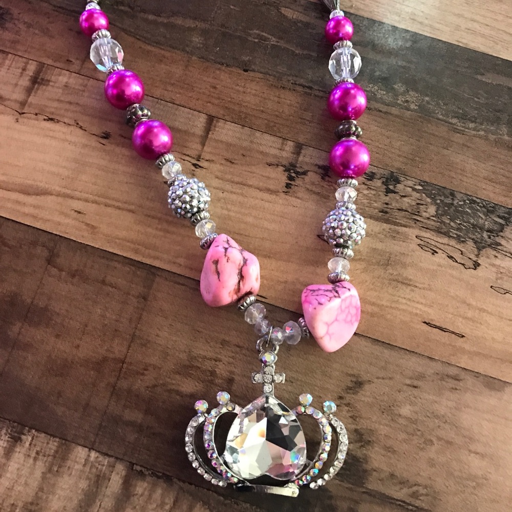 Crown Necklace large Pink & Crystal Natural Stone